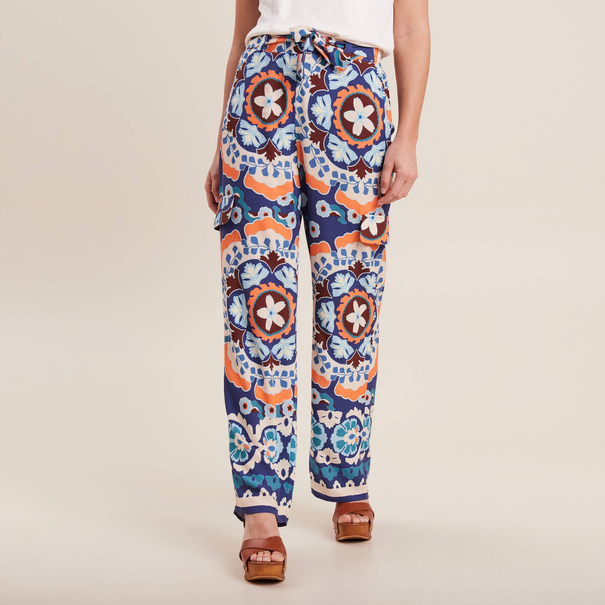 Pantalon large fluide bleu femme