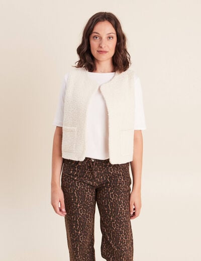 Gilet sans manches bouclette poches ecru femme