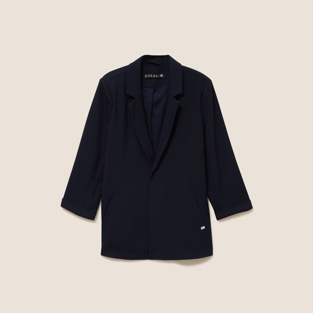 Veste longue droite col tailleur bleu fonc&eacute; femme