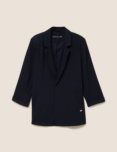 Veste longue droite col tailleur bleu fonc&eacute; femme