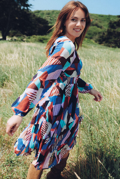 Robe évasée bas plissé multicolore femme