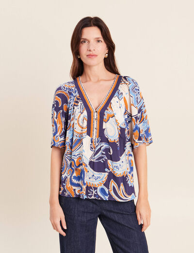 Blouse ample col v manches 3/4 bleu femme