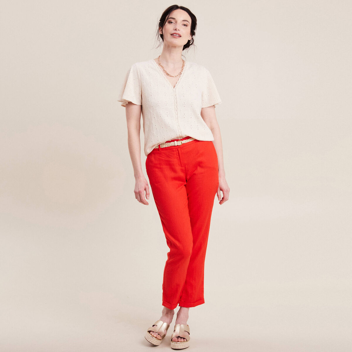 Blouse manches courtes brodée ivoire femme