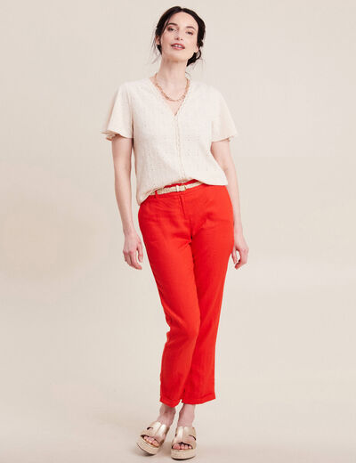 Blouse manches courtes brodée ivoire femme