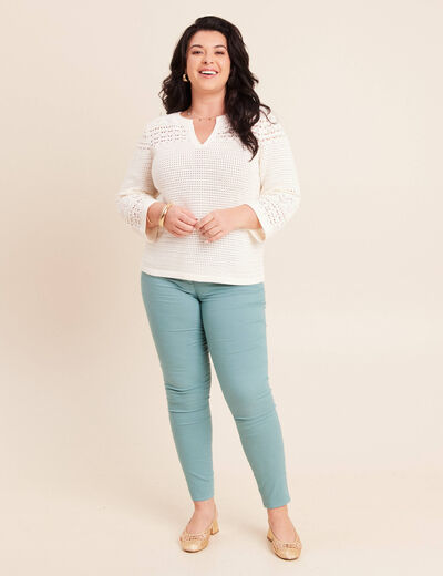 Pull col tunisien manches 3/4 ecru femme