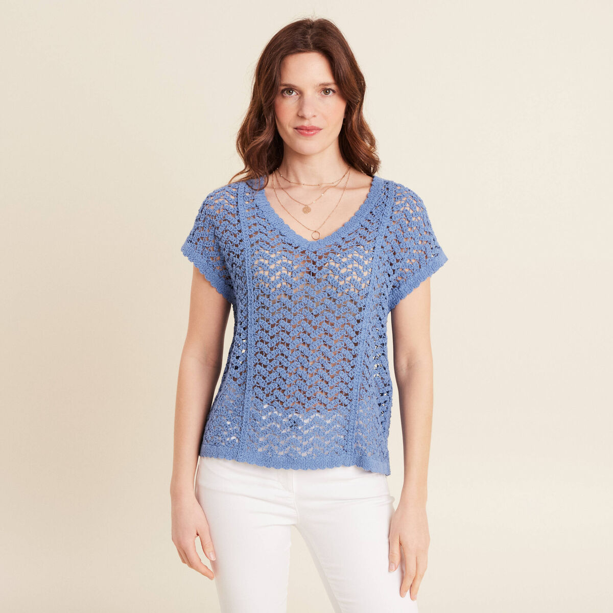 Pull manches courtes ajour&eacute; bleu ciel femme