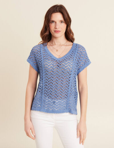 Pull manches courtes ajouré bleu ciel femme