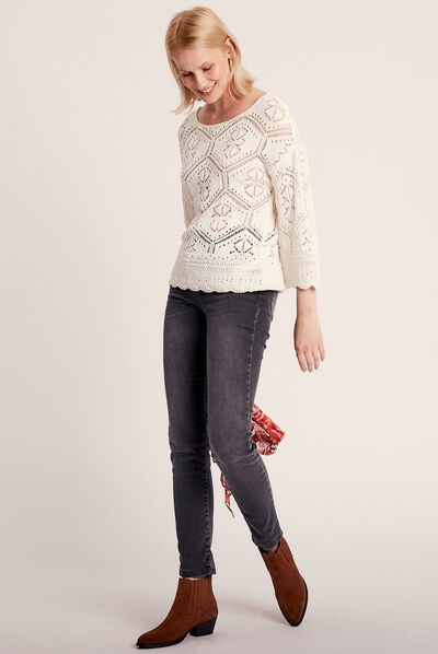Pull manches 3/4 ajouré ecru femme