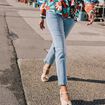 Jean droit taille basculée denim double stone femme