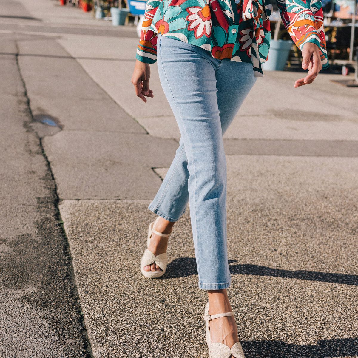 Jean droit taille basculée denim double stone femme