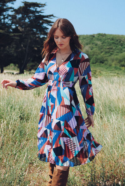Robe évasée bas plissé multicolore femme