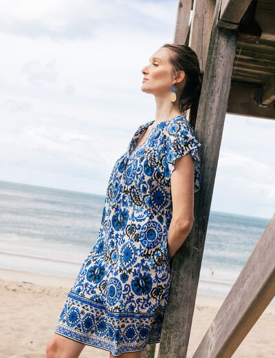 Robe évasée col tunisien bleu femme