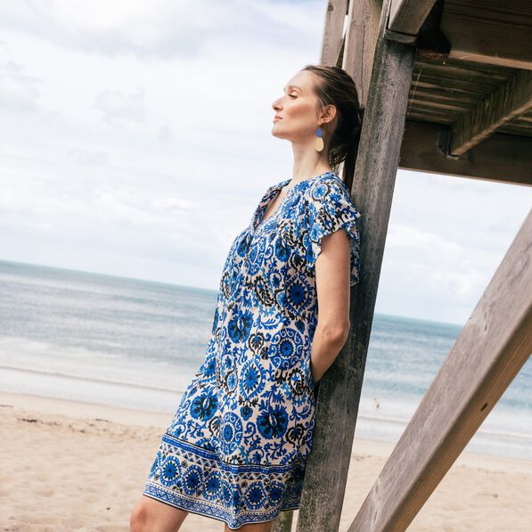 robe evasee col tunisien bleu femme Robe évasée col tunisien bleu femme