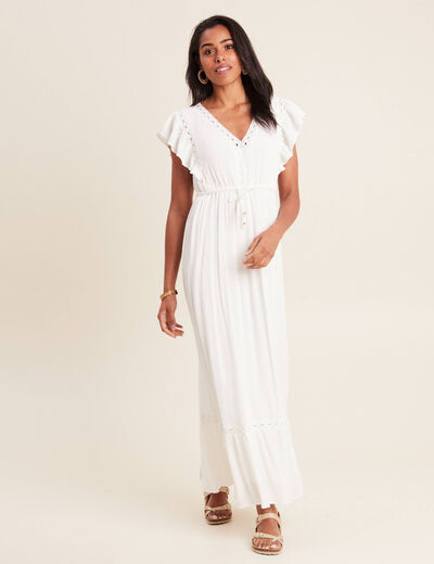 Robe longue évasée à volants ecru femme