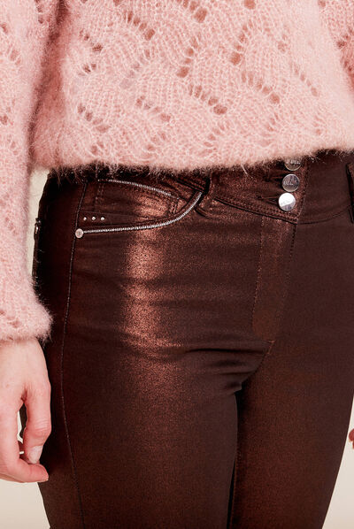 Pantalon ajusté aspect irisé marron foncé femme
