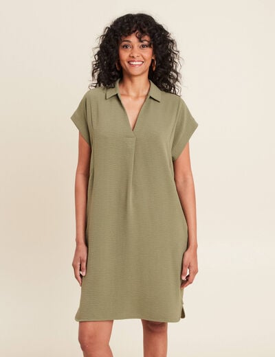 Robe droite col en V vert kaki femme