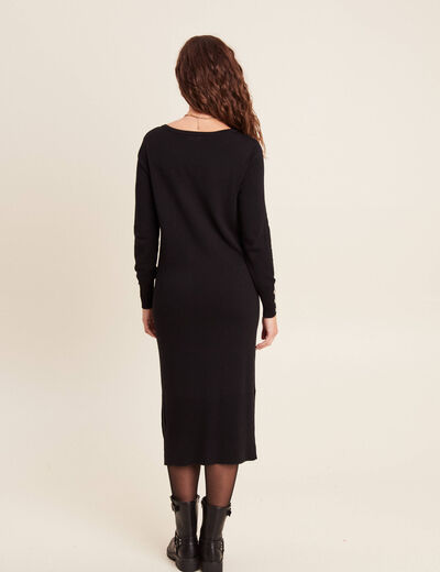 Robe tricot midi droite fendue noir femme