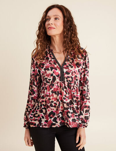 Blouse satinée col tunisien rose femme