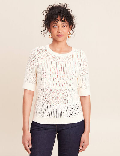 Pull ajour&eacute; col rond manches courtes ecru femme
