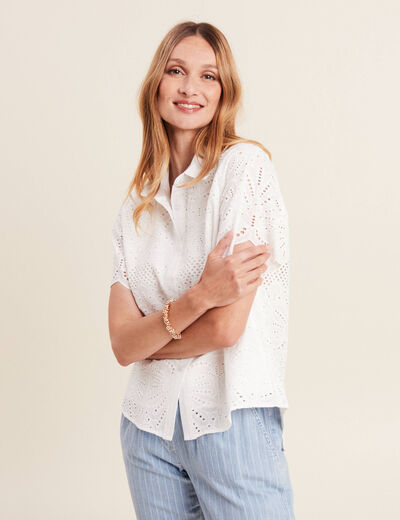 Chemise manches courtes brod&eacute;e ecru femme
