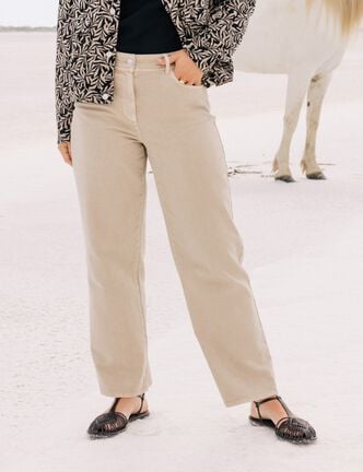 Jean coupe large 7/8&egrave;me taille haute denim beige femme
