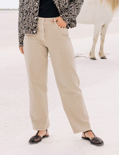 Jean coupe large 7/8&egrave;me taille haute denim beige femme