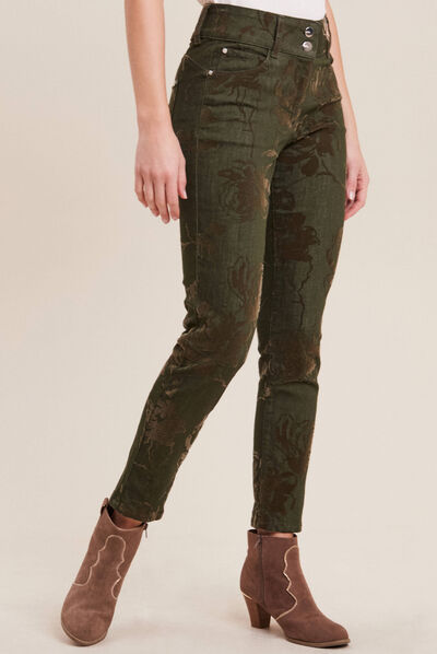 Jean ajusté taille standard vert kaki femme