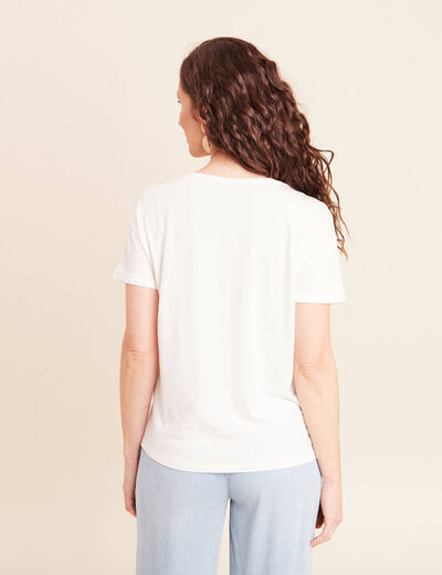 T-shirt col rond manches courtes brod&eacute; ecru femme