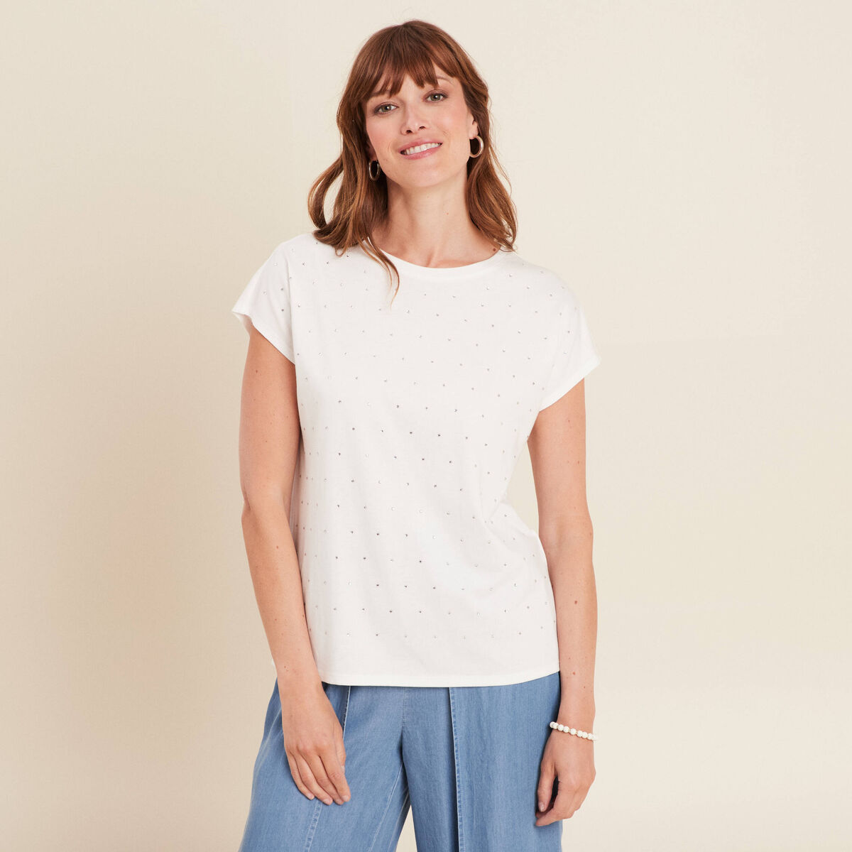 T-shirt manches courtes strass ecru femme