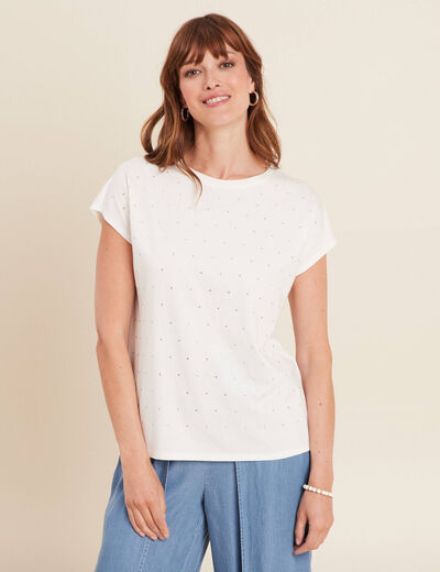 T-shirt manches courtes strass ecru femme