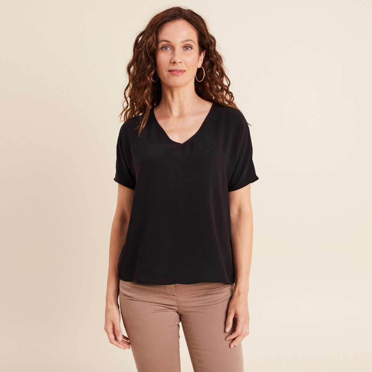 Blouse fluide manches 3/4 noir femme