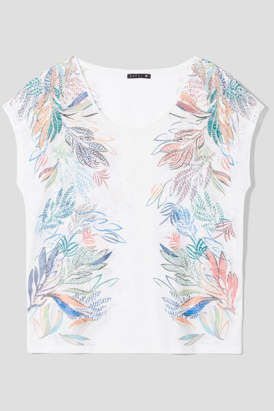 T-shirt manches courtes strass ecru femme