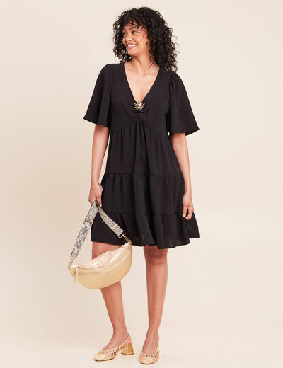Robe courte &eacute;vas&eacute;e col v manches courtes noir femme