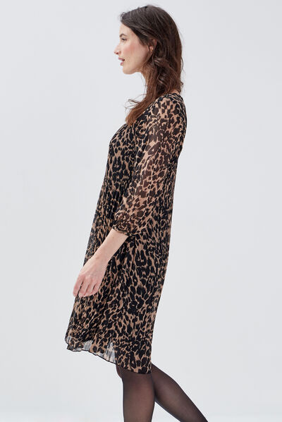 Robe droite manches 3/4 beige femme