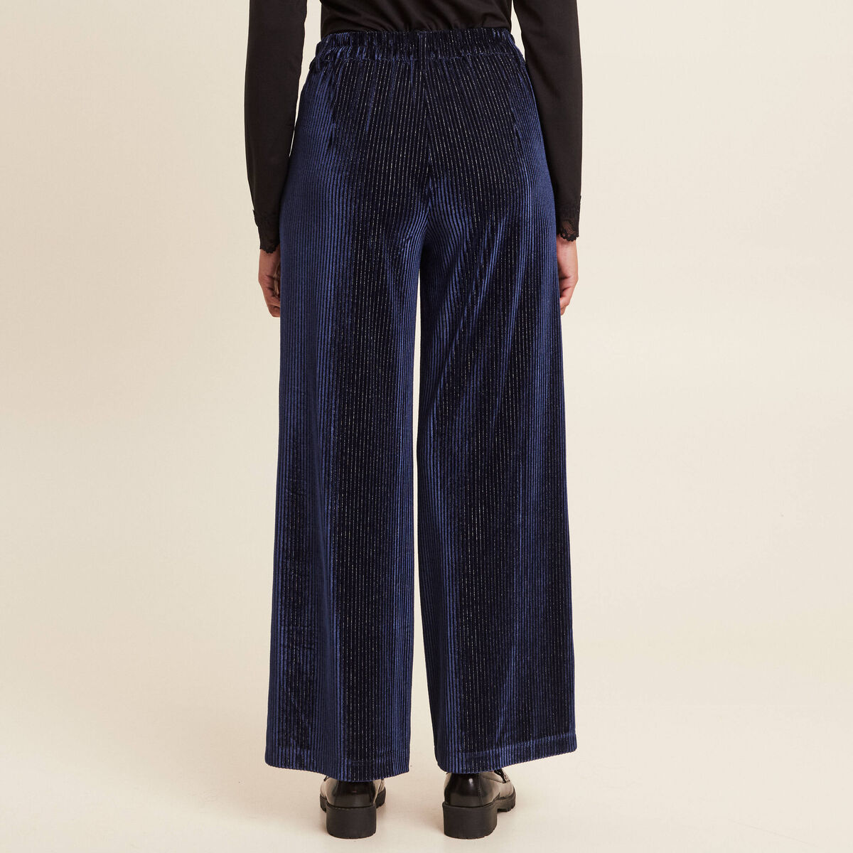 Pantalon large velours bleu fonc&eacute; femme