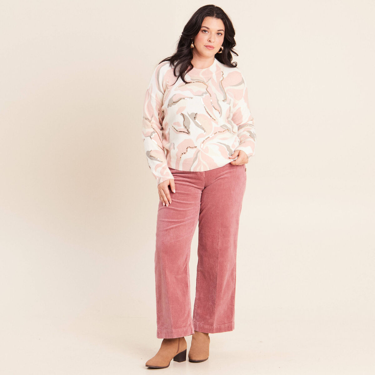 Pantalon large velours c&ocirc;tel&eacute; rose framboise femme