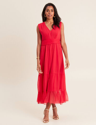 Robe longue évasée volants rouge femme