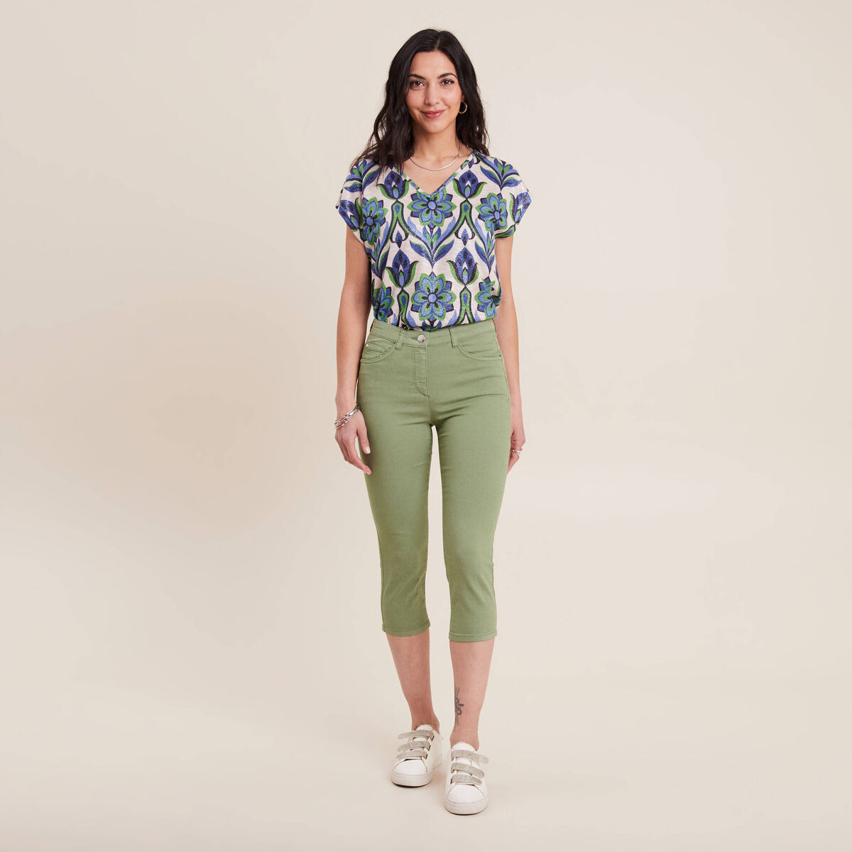 Pantacourt droit taille standard vert femme