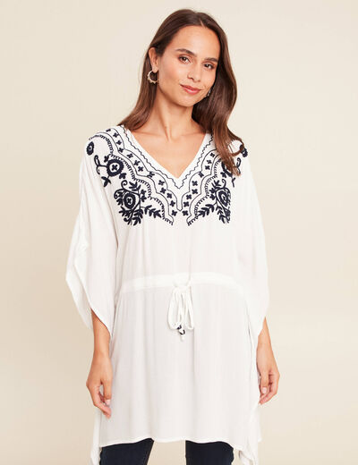 Kimono sans manches col v brodé ecru femme