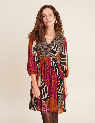 Robe évasée fluide manches 3/4 multicolore femme