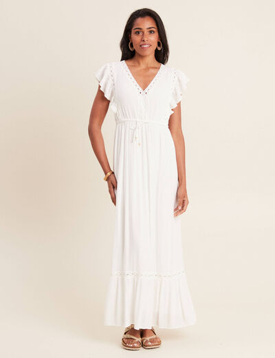 Robe longue évasée à volants ecru femme