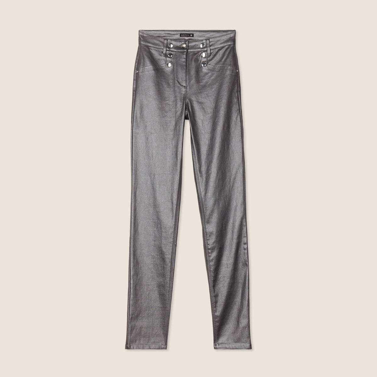 Pantalon ajust&eacute; enduit &agrave; pont couleur argent femme