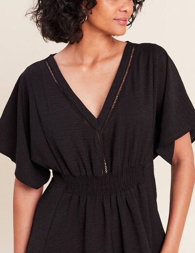 Robe longue &eacute;vas&eacute;e col v manches coudes noir femme