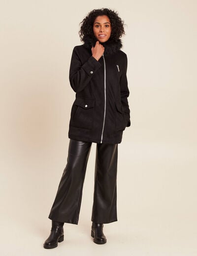 Manteau cintr&eacute; mi-long &agrave; capuche noir femme