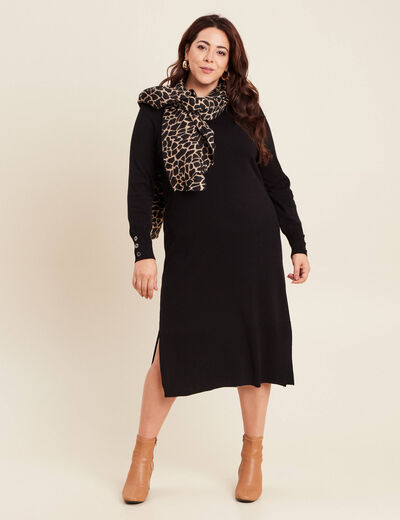 Robe tricot midi droite fendue noir femme