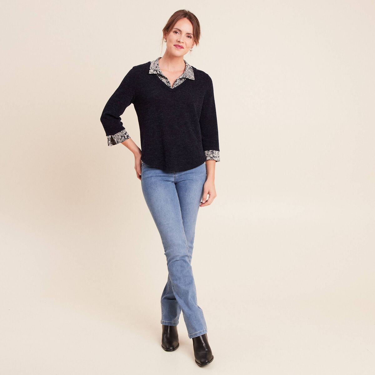 Jean coupe droite taille bascul&eacute;e denim double stone femme