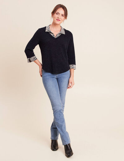 Jean coupe droite taille bascul&eacute;e denim double stone femme