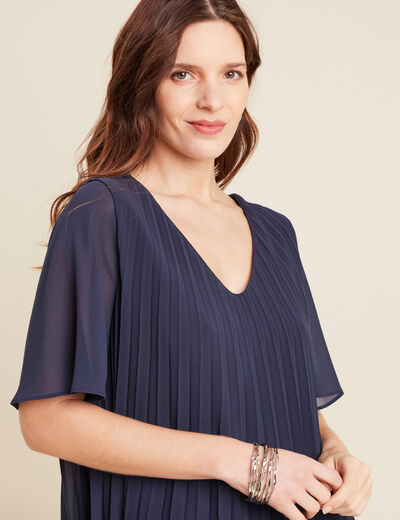 Robe droite plissée bleu marine femme