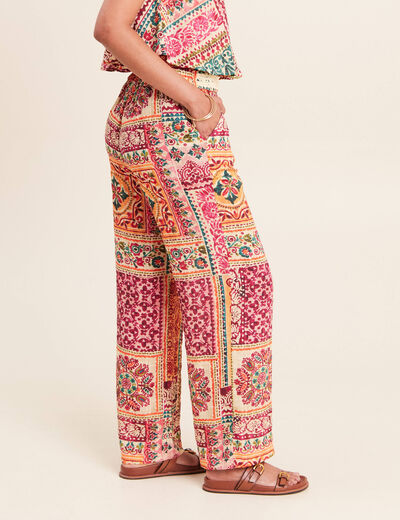 Pantalon large taille haute rose femme