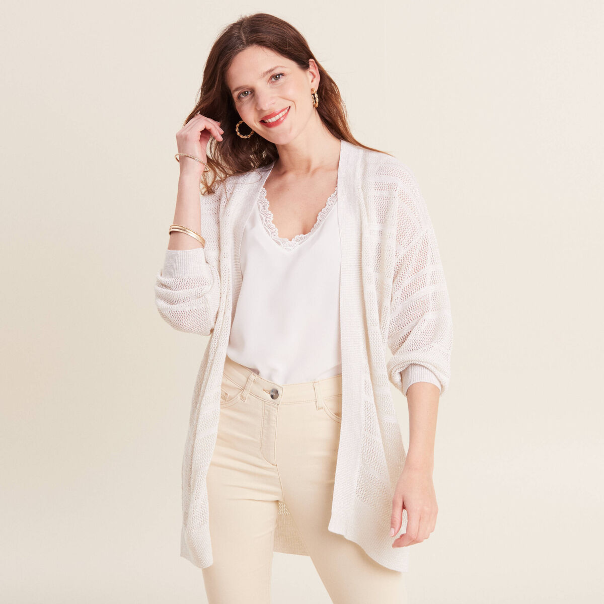 Gilet ajouré manches 3/4 ecru femme